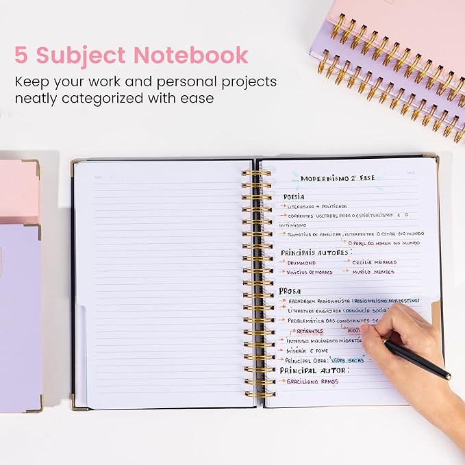 Yoment Hardcover Spiral Notebooks for Work School Note Taking, 8"x10" Journal Notebook with Tabs Dividers, Multi 5 Subject Notebook College Ruled, 240 Pages Lined Journal for Women, Pink