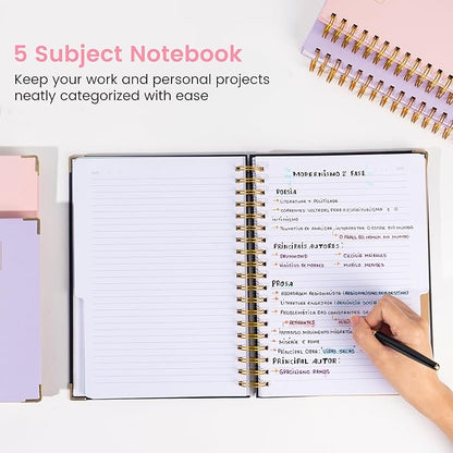 Yoment Hardcover Spiral Notebooks for Work School Note Taking, 8"x10" Journal Notebook with Tabs Dividers, Multi 5 Subject Notebook College Ruled, 240 Pages Lined Journal for Women, Pink