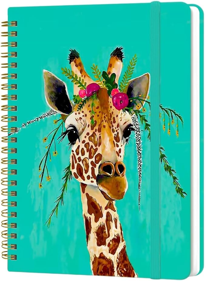 Spiral Notebook - A5 Spiral Notebooks, 8.3'' × 5.8'', 160 Pages, Aesthetic Journaling Notebooks for Women, College Lined Notebook with Elastic Closure, Back Pocket, for School Office, Giraffe
