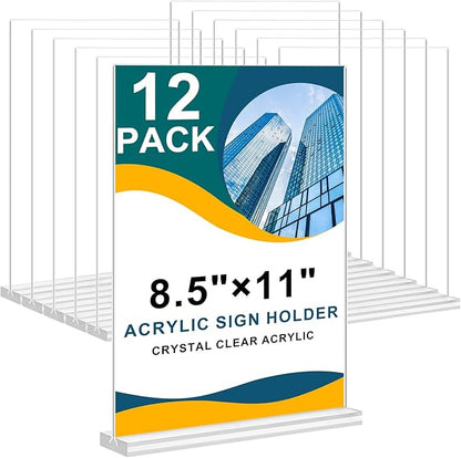 Arrobust Acrylic Sign Holder 8.5 x 11 Inches, 12 Pack Clear Display Table Top Signs Stand, Double Sided Vertical Flyer Holder,Plastic Frames Paper Holder for Stores Home Office Menu Retail Show Fair