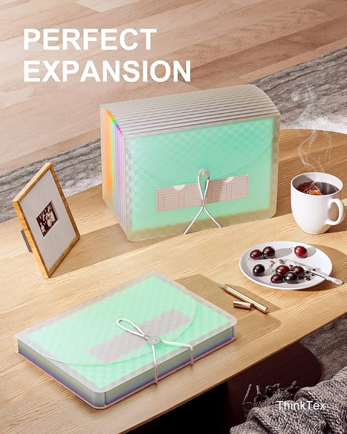 ThinkTex Accordian File Organizer, 12 Pockets Expanding File Folders, Portable Monthly Bill Receipt Organizer, Colorful Tabs, Letter/A4 Size - Green