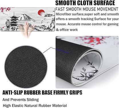 Japanese Landscape Large Mouse Pad, Large Extended Mouse Pad for Home Office Gaming Work 35.4x15.7 inch, Big Computer Mousepad Waterproof Non-Slip Rubber Mice Pads Stitched Edges