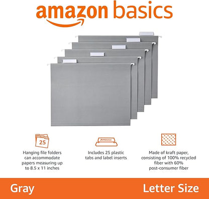 Amazon Basics Sturdy Hanging File Folders, Letter Size, Gray, 25-Pack