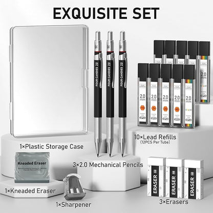 Four Candies 3PCS 2MM Mechanical Pencils with case, Artist Lead Pencil Metal Lead Holder with 120 Graphite Lead Refills(HB 2H 2B 4B Color), 4 Erasers, Sharpener, Drafting Pencil for Drawing, Sketching