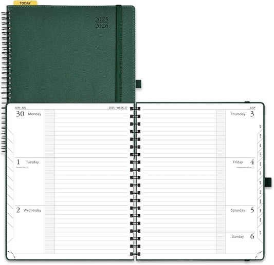 POPRUN Planner 2025-2026, Horizontal Weekly Notebook Jul.25-Jun.26 (Large 8.5''x 10.5''), Academic Calendar Book with Monthly Tabs, Spiral Soft Cover, Inner Pocket, 100 GSM - Army Green