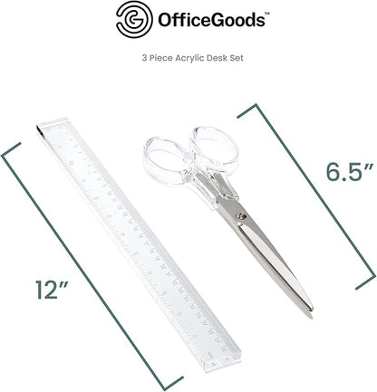 OfficeGoods 3 Piece Acrylic Desk Set - Includes Ruler, Staple Remover, Scissors - Functional & Elegant Desk Accessories - Stationary Tools for Home, Office, and School - Silver
