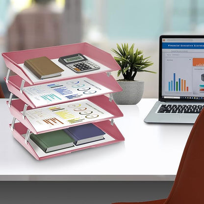 Acrimet 4 Tier Side Load Letter Tray Facility, Desktop File Organizer, A4 Letter Size Paper Organizer, Minimalist Storage Solution Paper Tray for Office, Home, Classroom (Plastic, Solid Pink Color)