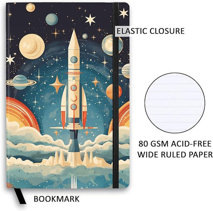 RICCO BELLO Wide Ruled Hardcover Diary Journal School Notebook for Kids, Tweens - Bookmark, Band Closure, Storage Pocket, 5.7 x 8.4 Inches, 192 Pages (Space Rocket)