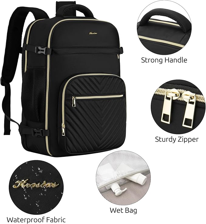 Travel Backpack for Women, Carry On Backpack for Airplanes Flight Approved, Waterproof Large Weekender Overnight Bag Fit 18.4 Inch Laptop with USB Charging Port, Black