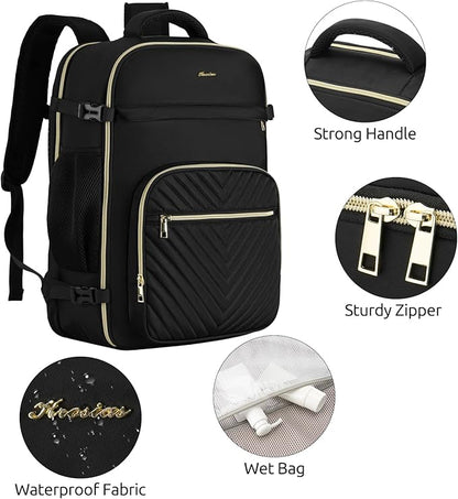 Travel Backpack for Women, Carry On Backpack for Airplanes Flight Approved, Waterproof Large Weekender Overnight Bag Fit 18.4 Inch Laptop with USB Charging Port, Black