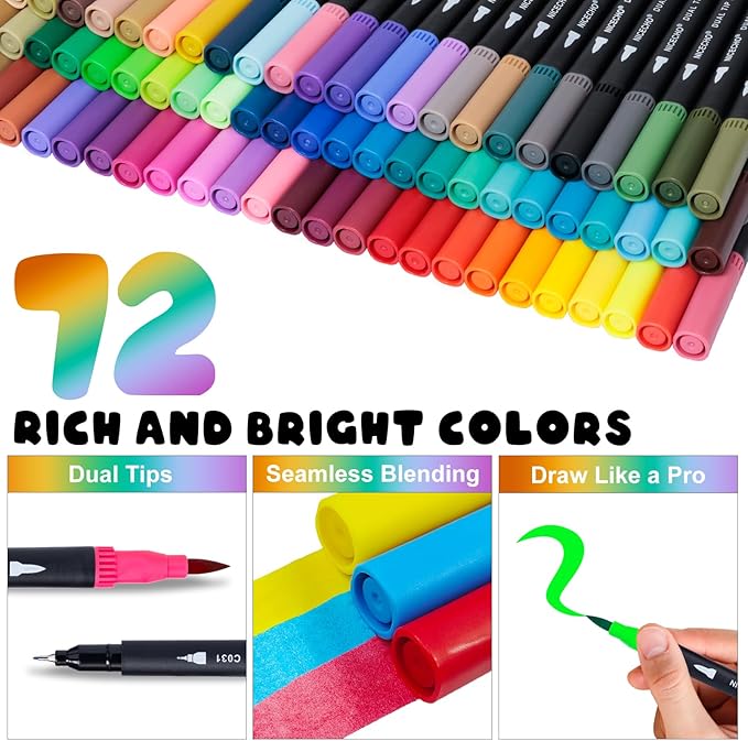 72 Colors Dual Tip Art Markers Pens for Adult Coloring Books, Brush and Fine Tip Coloring Marker for Drawing Journaling Note Taking Lettering