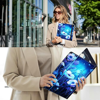 PU Leather Padfolio Clipboard Notepad with Pen Loop and Elastic Strap Interview/Resume Document Organizer for Business School Office,Blue Flowers