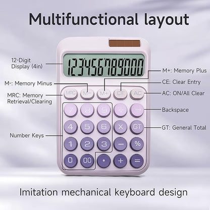 Desk Calculator,12 Digits, Large LCD Display,Big Buttons,Solar and Battery Dual Power Desktop Calculators,Cute and Aesthetic,Suitable for Office and Study (Ombre Purple, M)