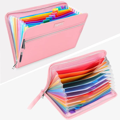 Fireproof Safe Accordion File Organizer Bag Folder,Waterproof Expanding Filing Folder with 14 Pockets, A4 Letter Size, Document Organizer Holder and Color Labels /2 Zipper (Pink 14.3" x 9.8")