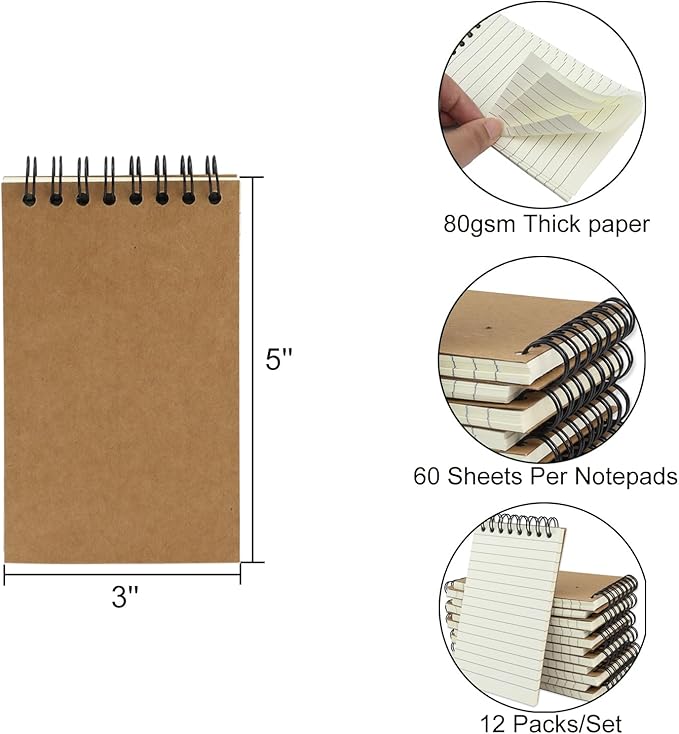 12 Pack Pocket Notebooks, 3x5 Small Notepads, Mini Spiral Notebooks, 60 Sheets/120 Pages,Lined College Ruled Paper, Memo Pads for Home, Office, School or Travel (Kraft)