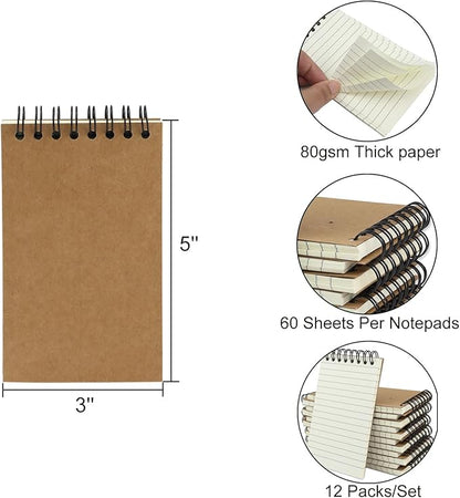 12 Pack Pocket Notebooks, 3x5 Small Notepads, Mini Spiral Notebooks, 60 Sheets/120 Pages,Lined College Ruled Paper, Memo Pads for Home, Office, School or Travel (Kraft)