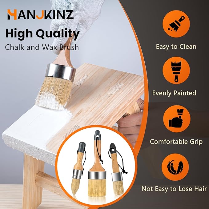Chalk and Wax Paint Brush 3 Pcs Set, Chalk Paint Brushes for Furniture, Painting or Waxing, Milk Paint, Natural Bristle Stencil Brushes for All Painting and Waxing