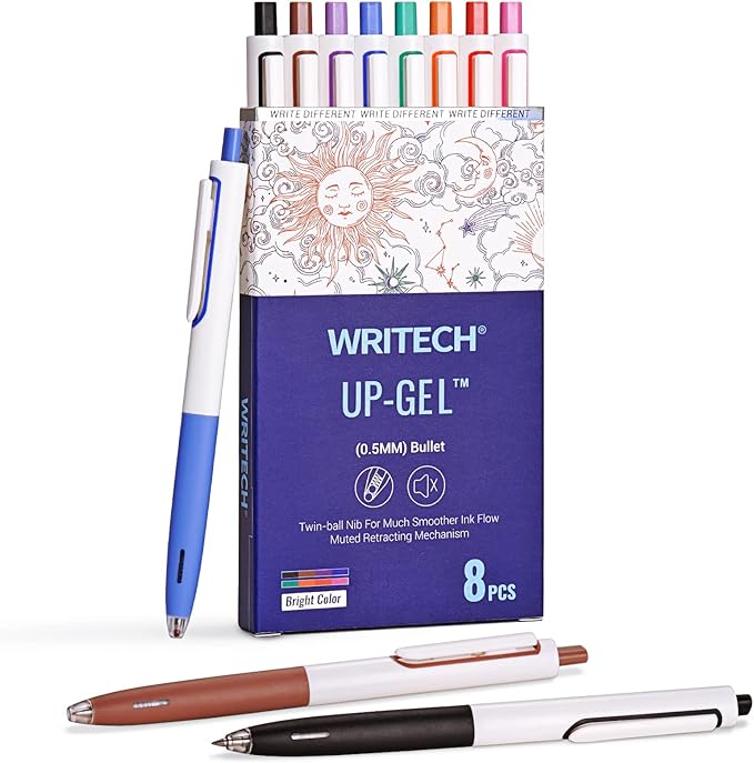 WRITECH Retractable Gel Ink Pens: Multicolor 0.5mm Fine Point Pen No Smear & Bleed for Journaling Sketching Drawing Notetaking Extra Smooth Writing Silent Click Pen Set Up-Gel 8ct