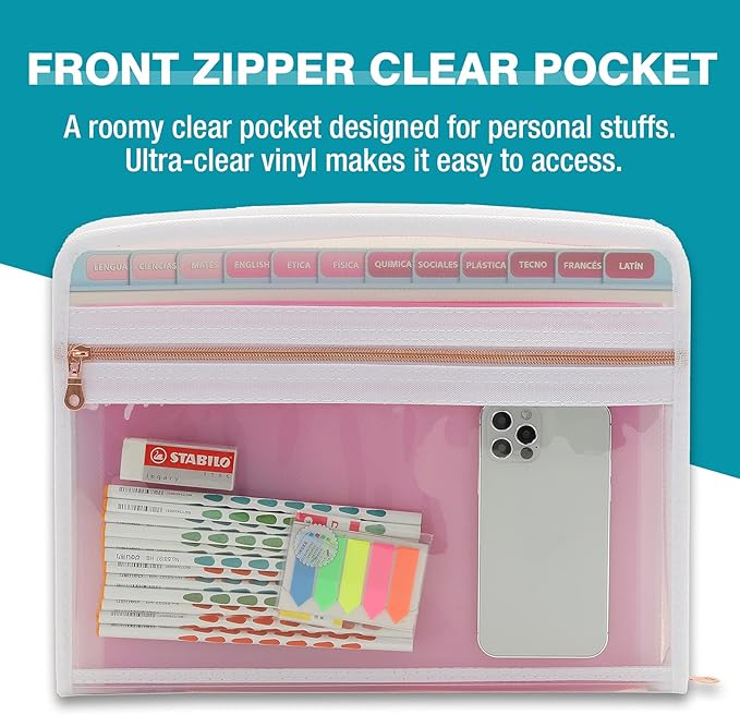 H4D 13 Pocket Expanding File Folder Organizer with Front Clear Pounch, Accordion File Organizer with Zipper Clourse, Fit for Letter Size Papers, Pink