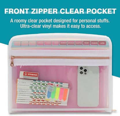 H4D 13 Pocket Expanding File Folder Organizer with Front Clear Pounch, Accordion File Organizer with Zipper Clourse, Fit for Letter Size Papers, Pink