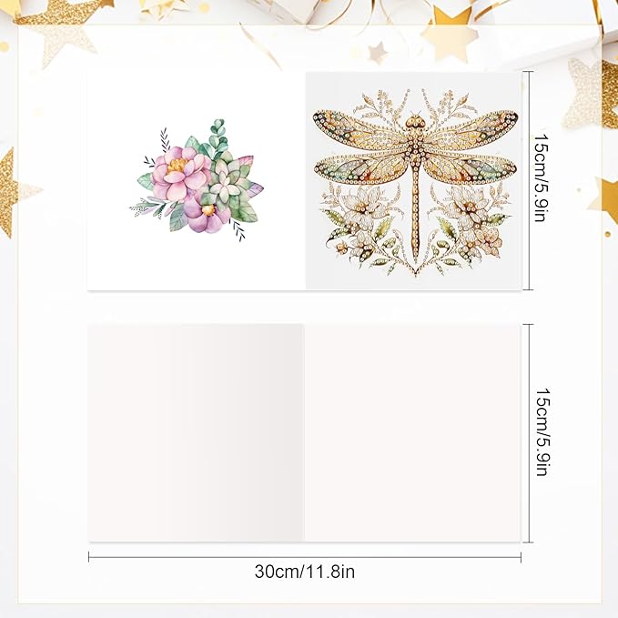Tontut 6pcs Diamond Art Painting Kit Greeting Card, Colourful Dragonfly 5D DIY Diamond Handmade Holiday Glitter Greeting Card with Envelope, Holiday Gift Congratulation