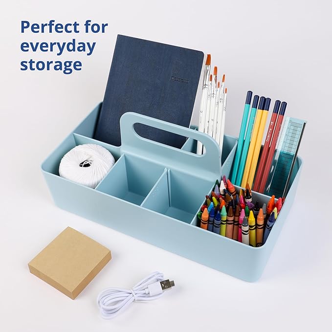 BLUE GINKGO Stackable Organizer Caddy – Korean-Made Portable Tote for Bathroom, Office, Crafts, or School Supplies (Long Rectangle, Blue)