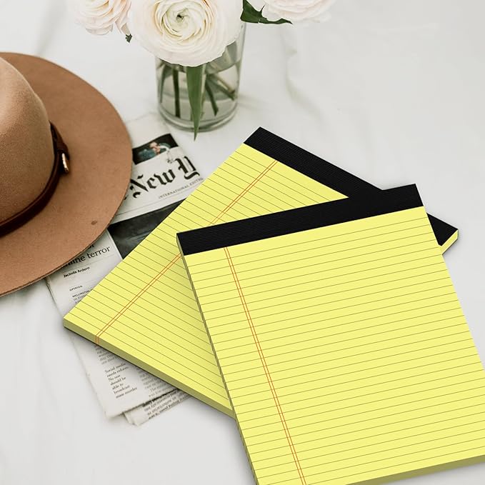 Legal Pads 8.5 x 11 Yellow Writing Pads Wide Ruled Note Pads 8.5 x 11 Lined Double-Sided Notepad for Home, School, Office Use, 80gsm Perforated Paper, Sturdy Cardboard Backing, 6 Pack (30 Sheets/Pad)