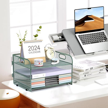 3-Tier Letter Tray Paper Organizer with Handle,Compact Mesh Desk File Organizer for Home Office Supplies Desktop Accessories,Green