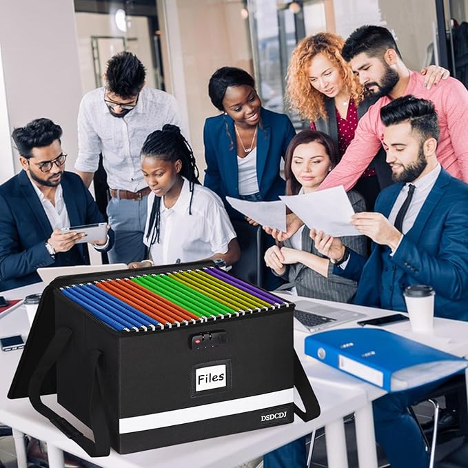 File Box with Lock - Portable File Box with Handle, Sturdy Important Document Organizer with Label, Slide, Reflective Strip for Hanging Letter/Legal Folder