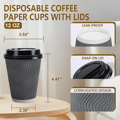 100 Pack 12 oz Disposable Coffee Cups with Lids, Insulated Ripple Wall To-Go Paper Coffee Cups Suitable for Chocolate Cocoa and Hot/Cold Drinks (Grey)