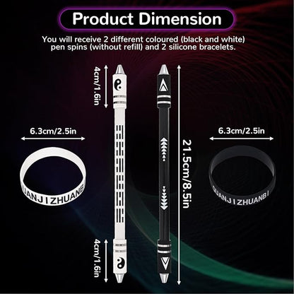 2 Colors Pen Spinning with Silicone Bracelet, Metal Heads Gaming Finger Pen, 8.5In Weighted Rotating Ballpoint Pen, Spinning Pen for Student Adults, No Pen Refill (Black,White)