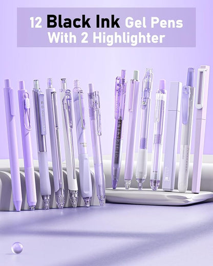 Four Candies 14Pack Pastel Gel Ink Pen Set,Cute Retractable 0.5mm Fine Point Pen,Note Taking Aesthetic Pens,12 Pack Black Ink Pens with 2Pcs Highlighter, Smooth Writing Pens for School, Office(Purple)