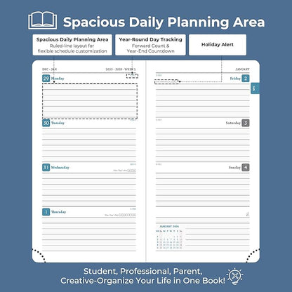 Weekly Monthly 2026 Planner (Jan.26-Dec.26),6.5"x3.75",12 Months Agenda Plan with Month Tabs & Pocket,Expenses/Note Pages, Appointment Book Calendar with Hardcover Vegan Leather Cover,Blue