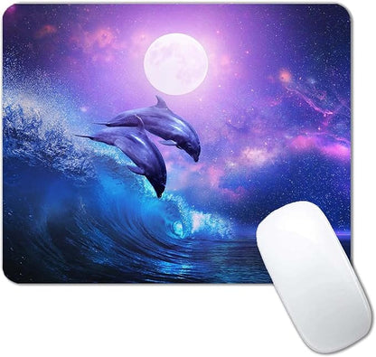 Night Ocean Mouse Pad,Beautiful Dolphins Mouse Pad,Full Moon Mouse Pad,Mouse Mat Square Waterproof Mouse Pad Non Slip Rubber Base MousePads for Office Laptop, 9.5"x7.9"x0.12" Inch
