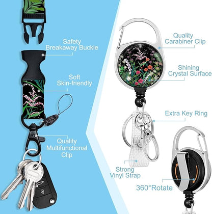 ID Badge Holder with Breakaway Lanyards, Flowers Floral Badge Holder with Lanyard, Retractable Reel Keychain Name Tag Lanyard Vertical ID Card Protector for Women Teacher Nurses Doctor Student