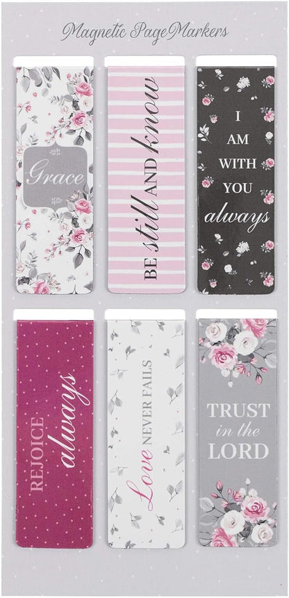 Christian Art Gifts Magnetic Scripture Bookmark Set for Women with Beloved Scripture Favorites -Inspirational Pink Roses Magnetic Bible Verse Pagemarker Set of 6 for Bibles and Books, Size 2.3” x 0.8”