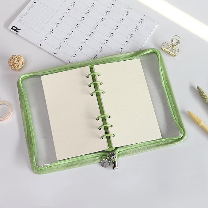Multibey A5 Binder Cover Clear Soft PVC 6-Ring Binder Budget Cash Evelopes System with Zipper Planner Organizer Refillable Notebook Journal Binder (Grass Green, A6)