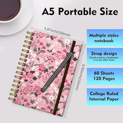 Spiral Journal Notebook, A5 Cute Notebooks for Women Men, College Ruled Hardcover Notebook for Work & Note Taking, 60 Pages Double-Wire Journals for Writing Pink Boho Flowers