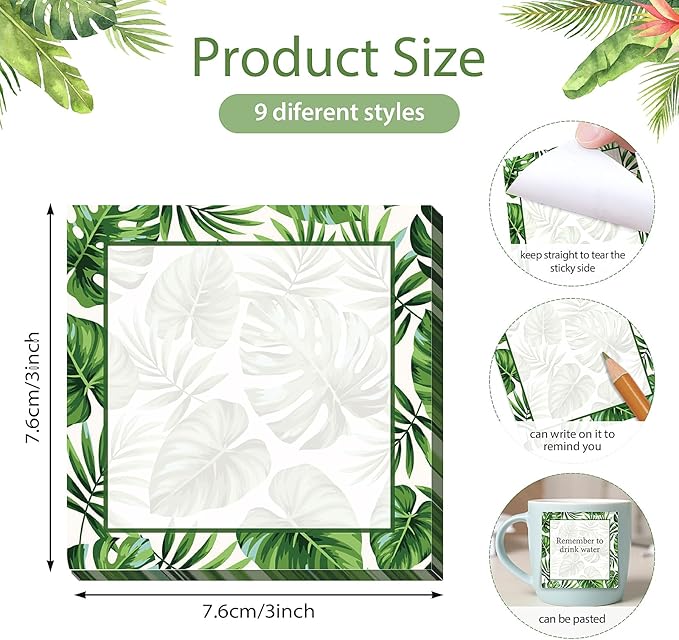 9 Pieces Palm Leaf Sticky Notes 3x3 Inch Adhesive Summer Hawaiian Tropical Palm Leaf Memo Notes Self-Stick Note Pads for School Office Home Supplies Students Teachers Presents