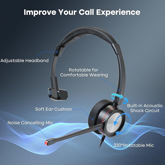 MKJ 2.5mm Telephone Headset with Microphone Noise Cancelling Wired Headphone for Call Center Office Phone Cisco SPA 303 508G Panasonic KX-TG9581 KX-TGFA30 KX-TG9541 KX-TGF380M Uniden Vtech