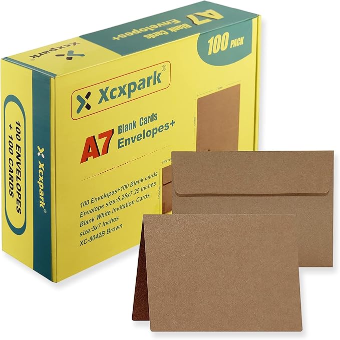 100 Qty 5.25 x 7.25 inches Printable A7 Invitation Envelopes & 100 Qty Folded Cards, Self Seal 120GSM Brown Kraft Paper Envelopes for Invitations, Papers, Photos, Documents, Wedding