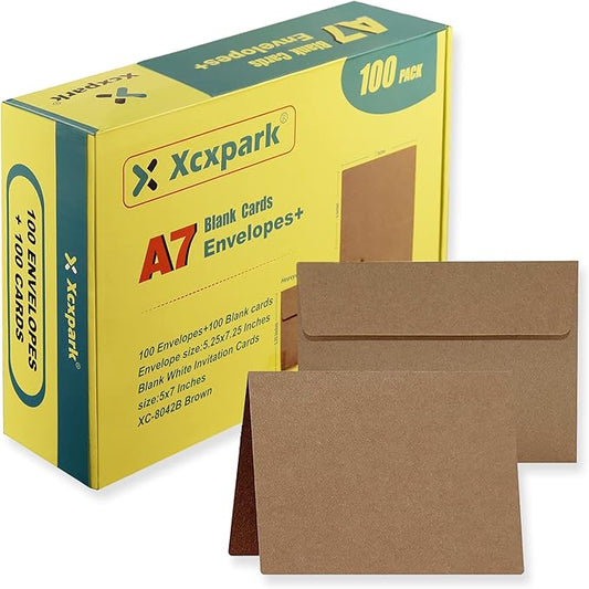 100 Qty 5.25 x 7.25 inches Printable A7 Invitation Envelopes & 100 Qty Folded Cards, Self Seal 120GSM Brown Kraft Paper Envelopes for Invitations, Papers, Photos, Documents, Wedding