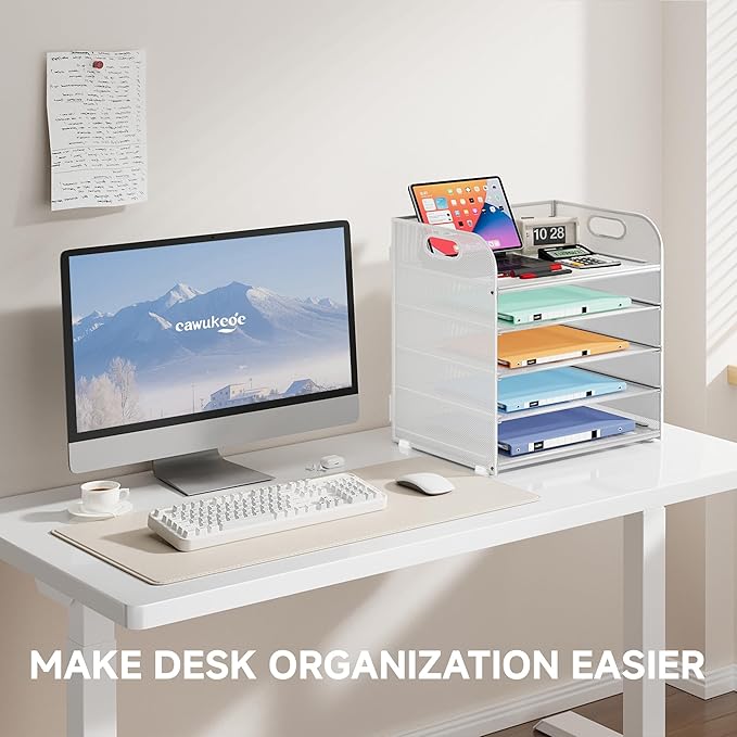 5 Tier Paper Organizer with Handle, Metal Mesh Desk Organizer File Folder Organizer Paper Letter Tray Desktop Document Sorter for Classroom, School, Office Organization and Storage - White