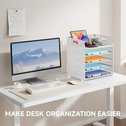 5 Tier Paper Organizer with Handle, Metal Mesh Desk Organizer File Folder Organizer Paper Letter Tray Desktop Document Sorter for Classroom, School, Office Organization and Storage - White