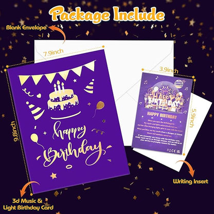 Birthday Card | Musical Pop Up Greeting Card w Light | Blow Out LED Light Candle & Play Happy Birthday Music Pop Up Card | Greeting Cards Gifts for Him or Her | Purple Gold (Blowable Candle)