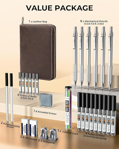 30Pcs Metal Mechanical Pencil Set with Leather Case, 0.5/0.7/0.9/2.0mm Art Drafting Pencils, 16 Tubes Graphite Leads(6B 4B 2B HB 2H 4H) with Colored Leads for Sketching Drawing Writing(Silver)