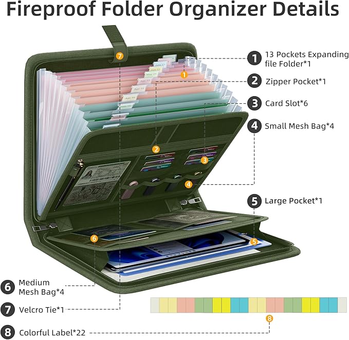 Fireproof Accordion File Organizer, Portable Expanding File Folder with Waterproof Zipper&Labels, Green Document Organizer with 13 Pockets, File Organizer for Important Document/Paper Storage