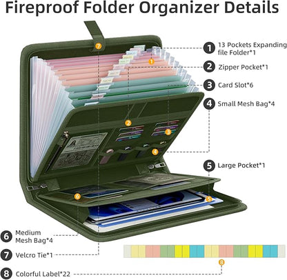 Fireproof Accordion File Organizer, Portable Expanding File Folder with Waterproof Zipper&Labels, Green Document Organizer with 13 Pockets, File Organizer for Important Document/Paper Storage