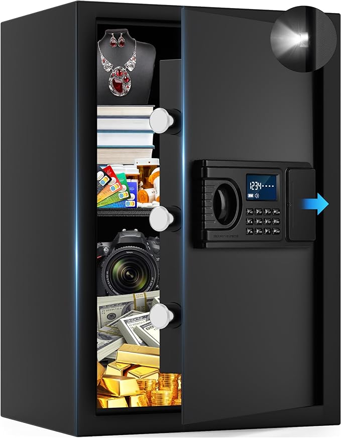 1.1 Cuft Home Safe Box with Fireproof Waterproof Bag, Large Security Digital Document Safes with LCD Keypad Keys, Anti-Theft Alert, Hidden Code Mode, Personal Combination Money Safe For Jewelry Office