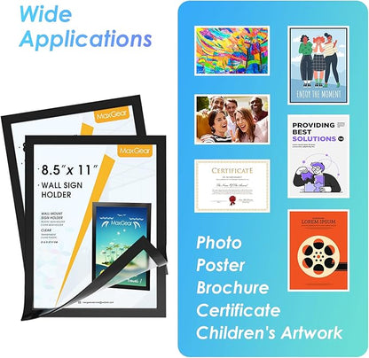 MaxGear Sign Holder 8.5 x 11 Wall Mount, Magnetic Clear Plastic Sign Holders, Self Adhesive Display Picture Frames, Display in Portrait or Landscape Format for Home, Office, Store(Black, 6 Pack)